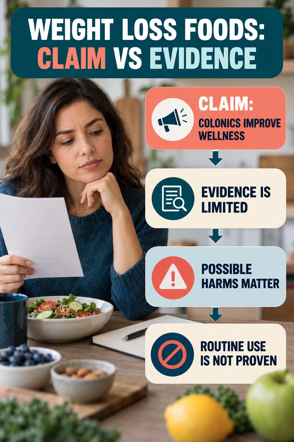 Colon Hydrotherapy Claims infographic for Weight Loss Foods, separating a colon-cleanse marketing claim from evidence, reasonable conclusions, and safety context.