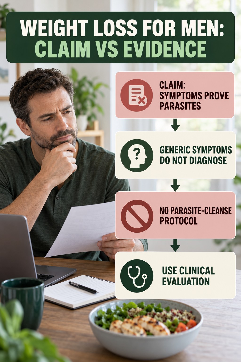 Parasite Cleanse Claims infographic for Weight Loss for Men, separating a colon-cleanse marketing claim from evidence, reasonable conclusions, and safety context.