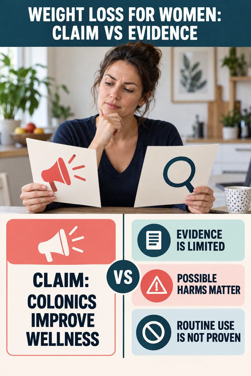Colon Hydrotherapy Claims infographic for Weight Loss for Women, separating a colon-cleanse marketing claim from evidence, reasonable conclusions, and safety context.