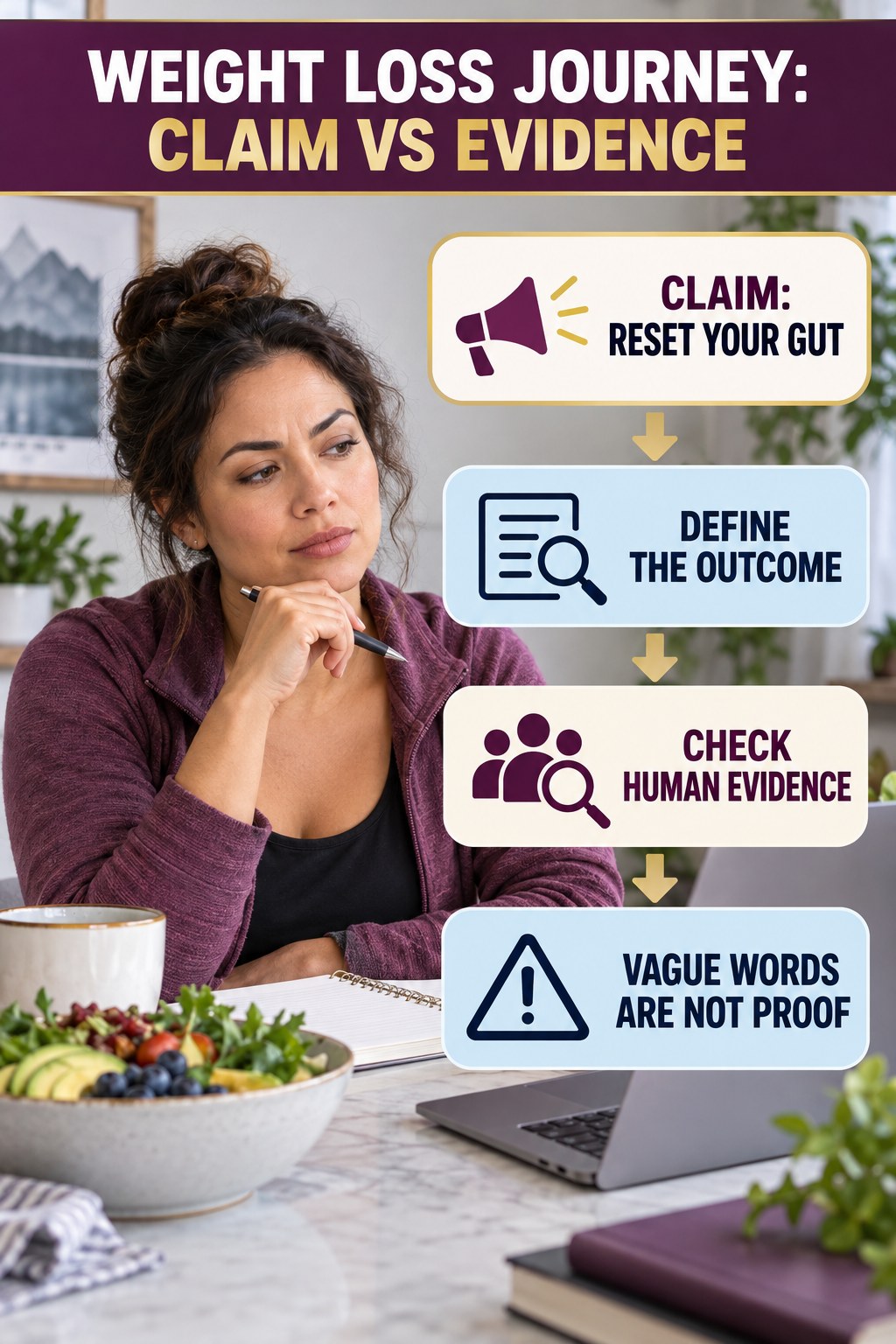 Gut and Microbiome Reset Claims infographic for Weight Loss Journey, separating a colon-cleanse marketing claim from evidence, reasonable conclusions, and safety context.