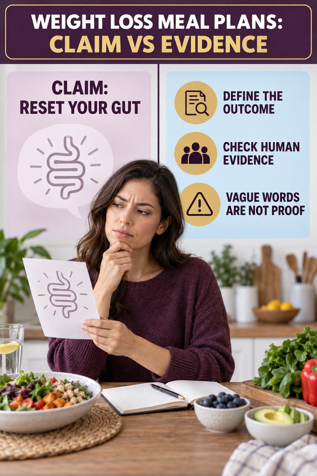 Gut and Microbiome Reset Claims infographic for Weight Loss Meal Plans, separating a colon-cleanse marketing claim from evidence, reasonable conclusions, and safety context.