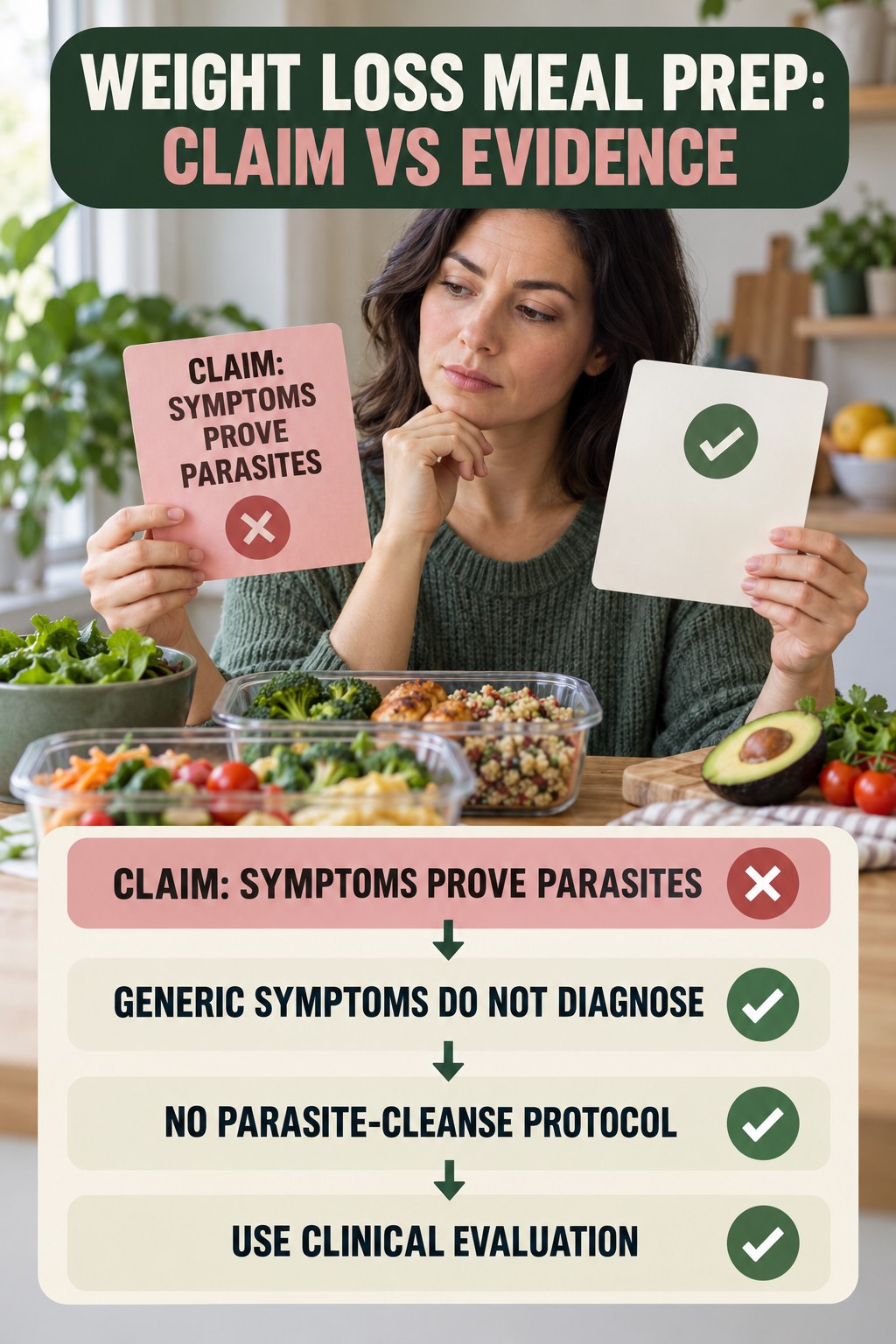 Parasite Cleanse Claims infographic for Weight Loss Meal Prep, separating a colon-cleanse marketing claim from evidence, reasonable conclusions, and safety context.