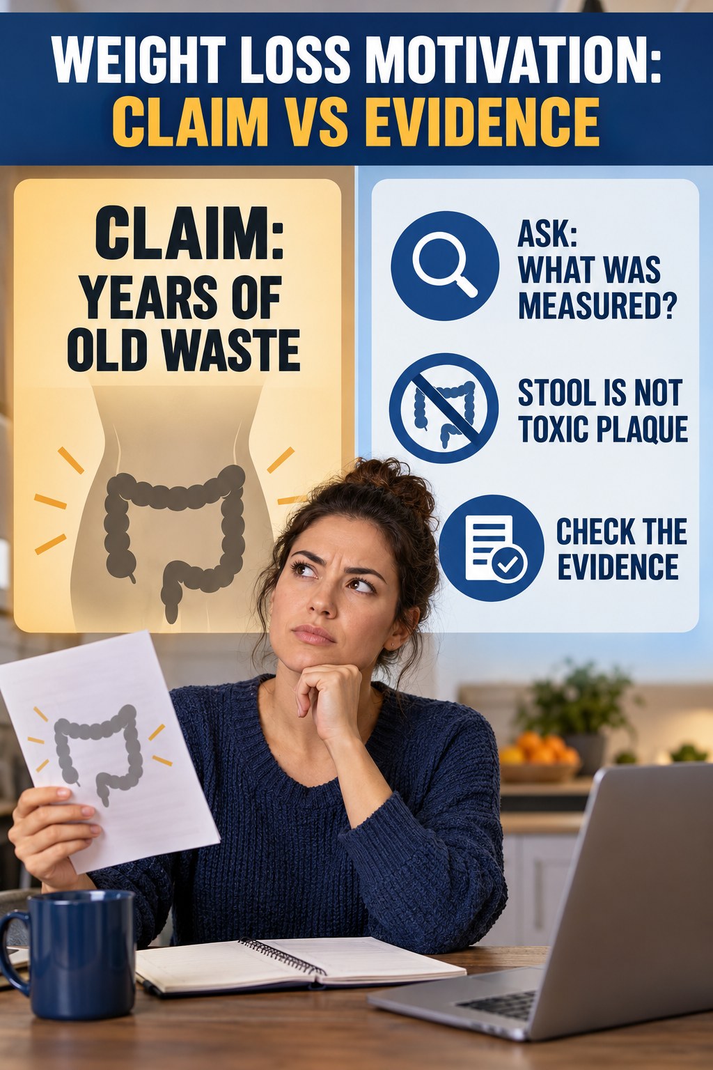 Old Waste Buildup Claims infographic for Weight Loss Motivation, separating a colon-cleanse marketing claim from evidence, reasonable conclusions, and safety context.