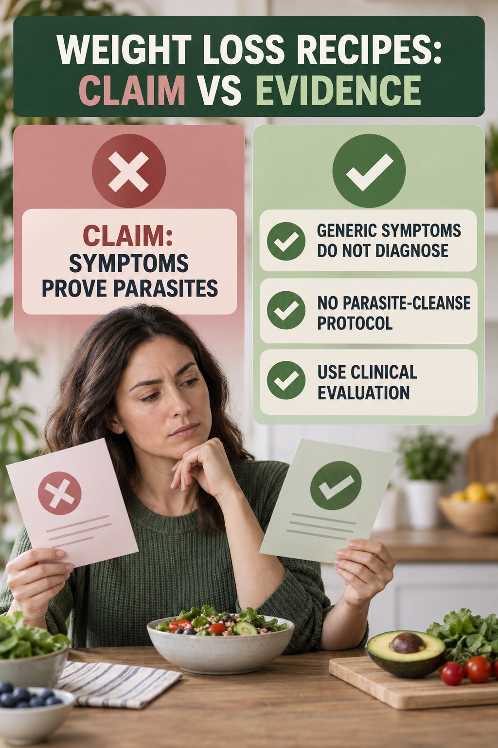 Parasite Cleanse Claims infographic for Weight Loss Recipes, separating a colon-cleanse marketing claim from evidence, reasonable conclusions, and safety context.