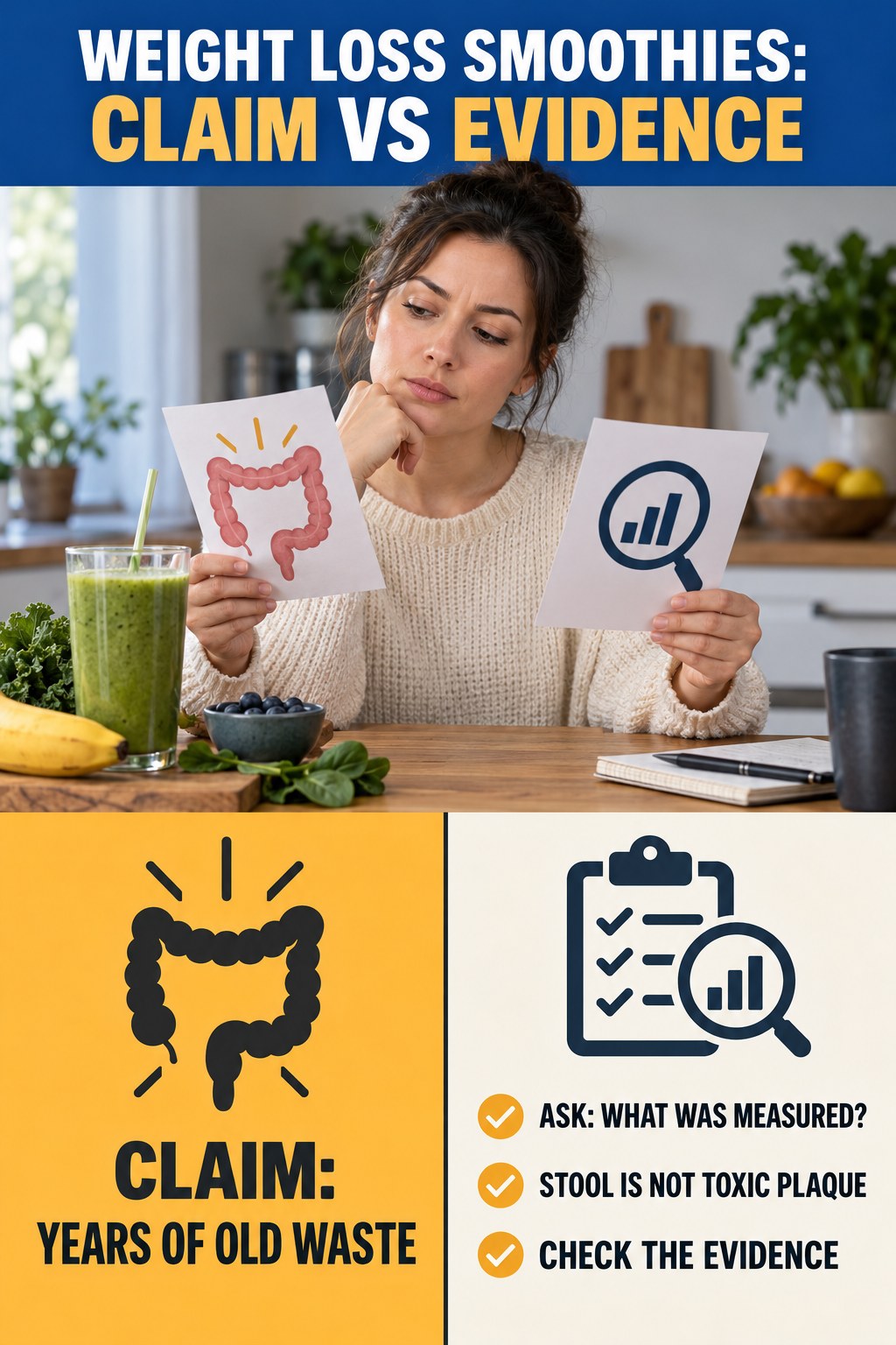 Old Waste Buildup Claims infographic for Weight Loss Smoothies, separating a colon-cleanse marketing claim from evidence, reasonable conclusions, and safety context.