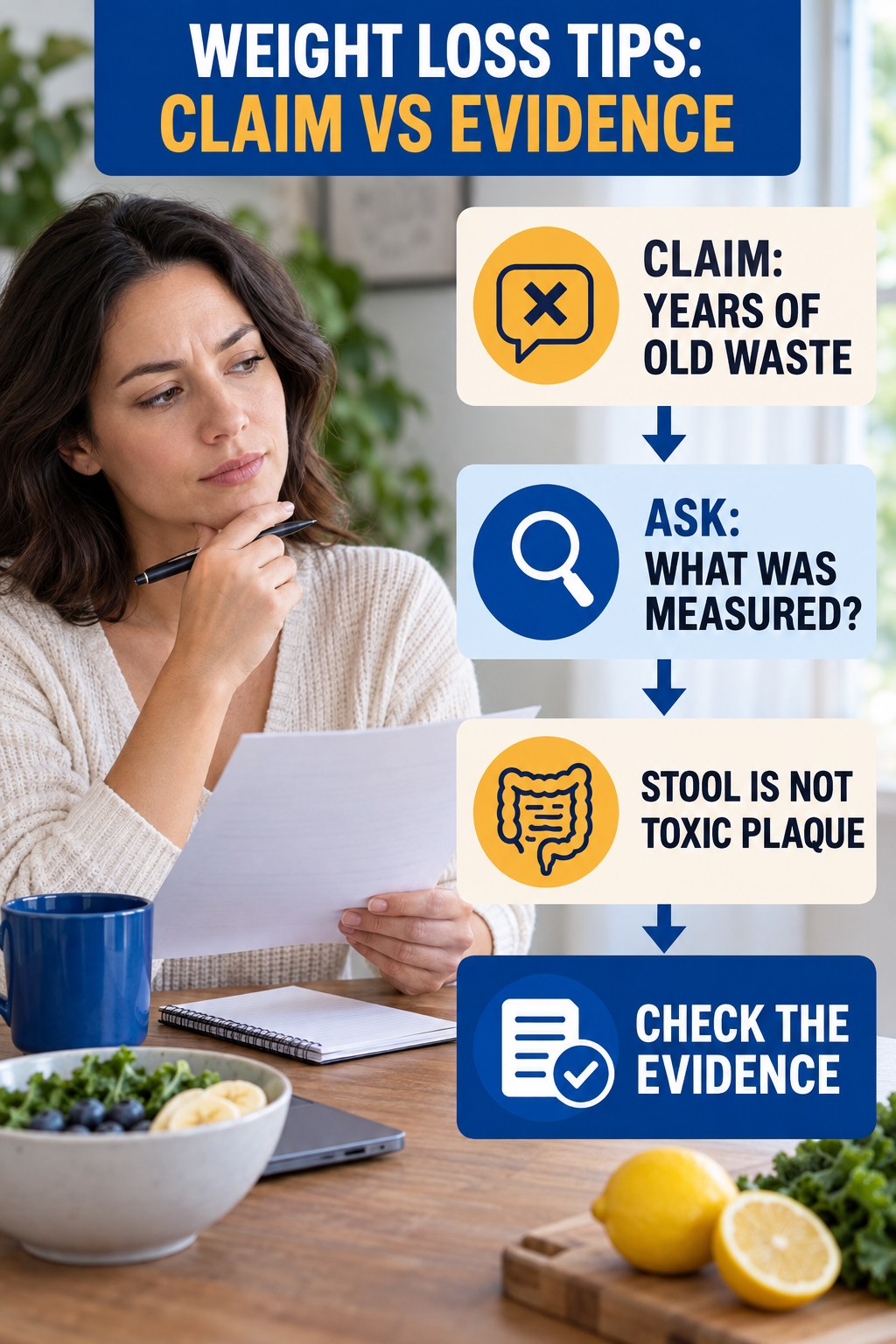 Old Waste Buildup Claims infographic for Weight Loss Tips, separating a colon-cleanse marketing claim from evidence, reasonable conclusions, and safety context.