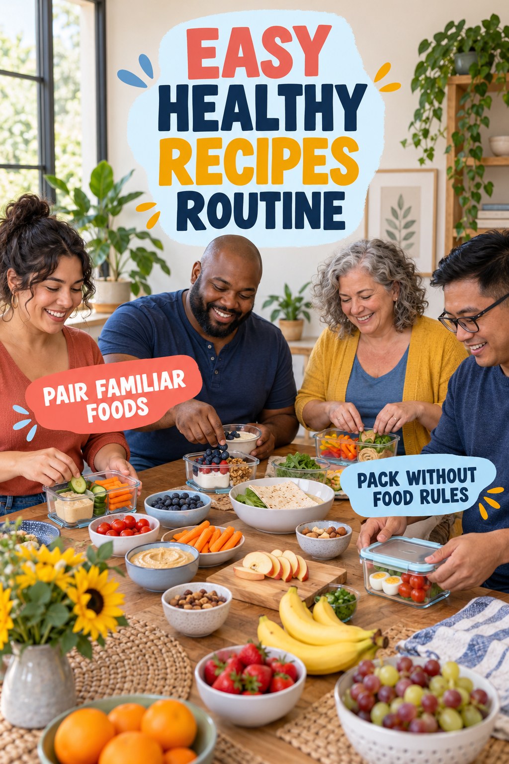 Colorful Snack Station for Easy Healthy Recipes in a small shared dining area, showing a practical, attainable routine with readable guidance.