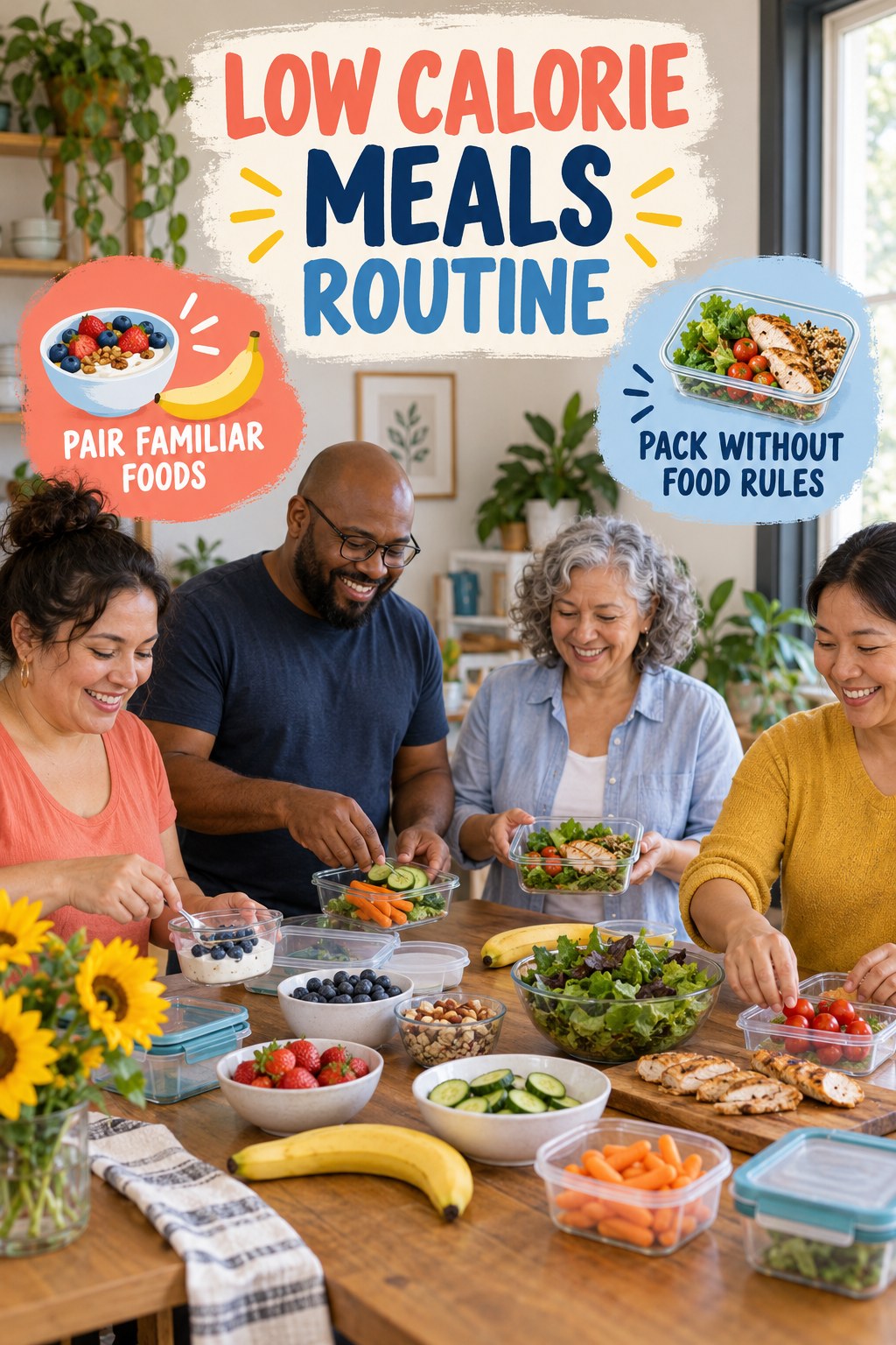 Colorful Snack Station for Low Calorie Meals in a small shared dining area, showing a practical, attainable routine with readable guidance.