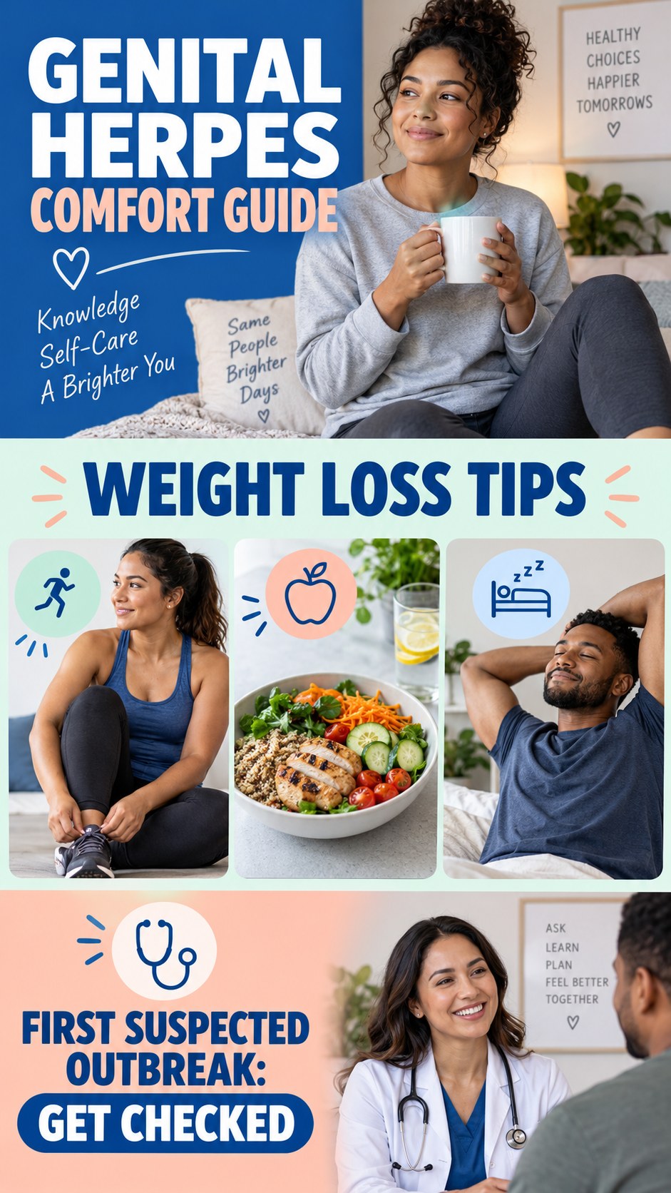Genital Herpes Comfort Guide infographic for Weight Loss Tips, presenting respectful genital herpes comfort, hygiene, and safety education.