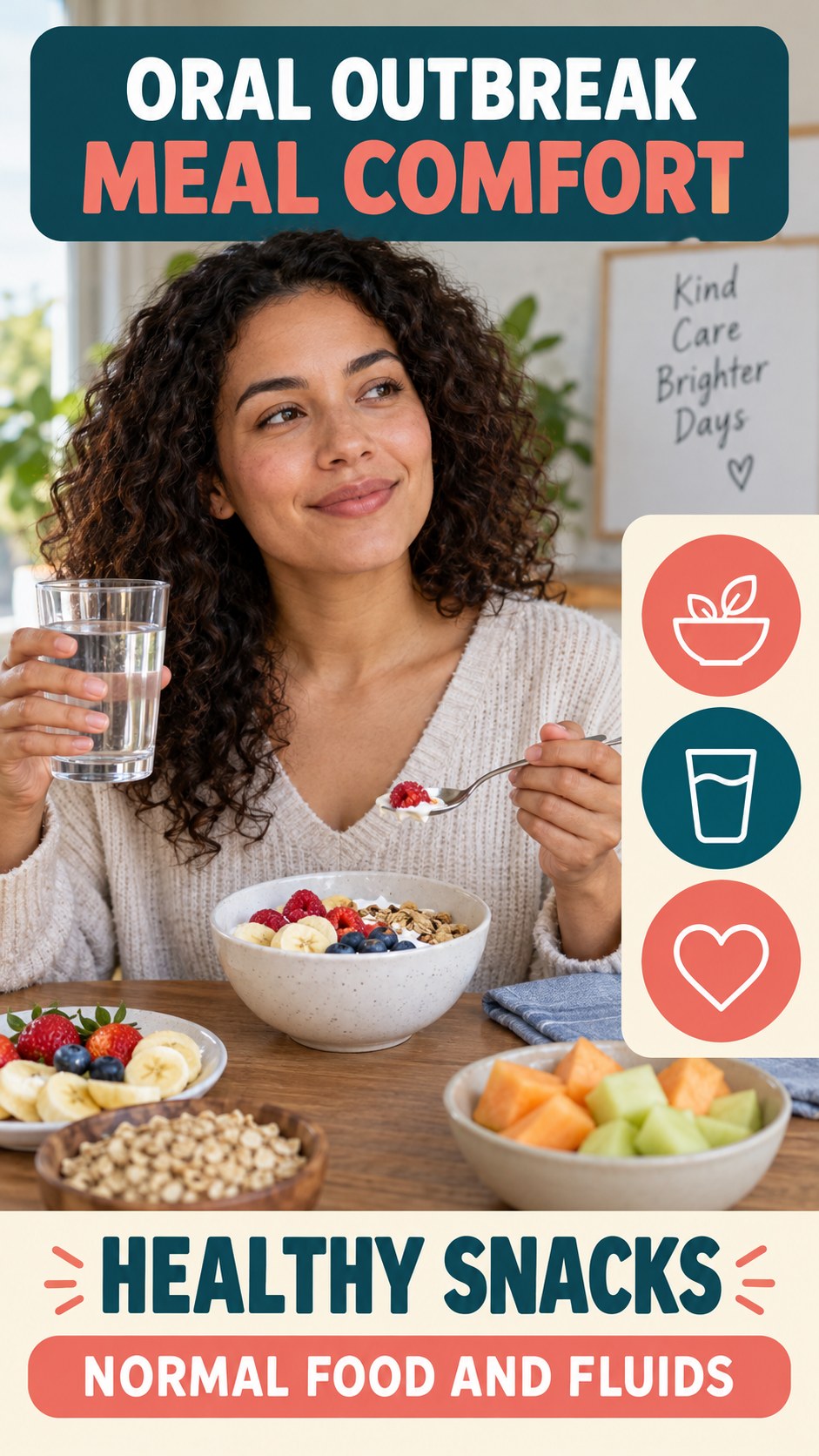 Oral Outbreak Meal Comfort infographic for Healthy Snacks, presenting respectful oral herpes comfort, hygiene, and safety education.