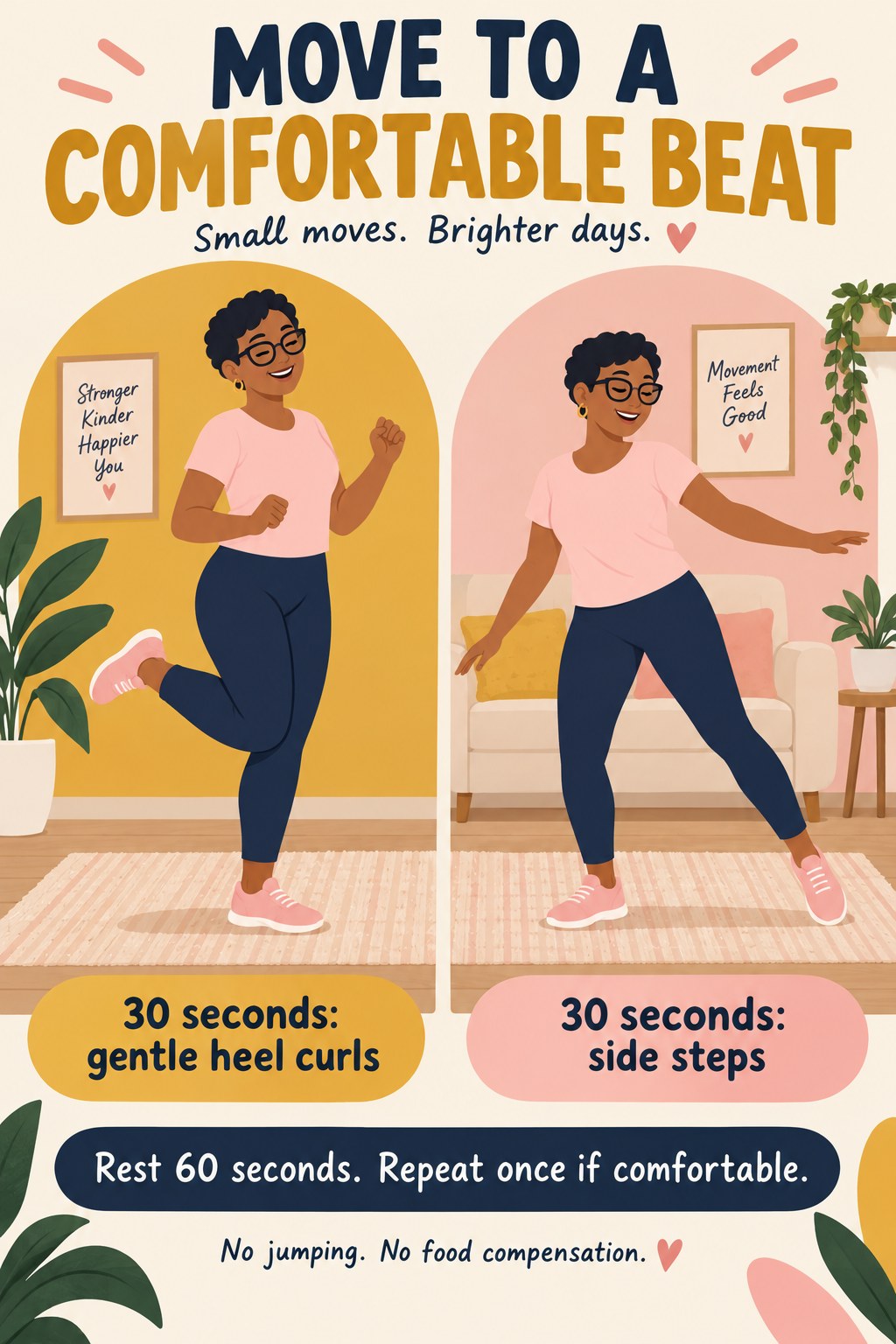 Illustrated woman demonstrates gentle heel curls and side steps with thirty-second labels and a sixty-second rest reminder.