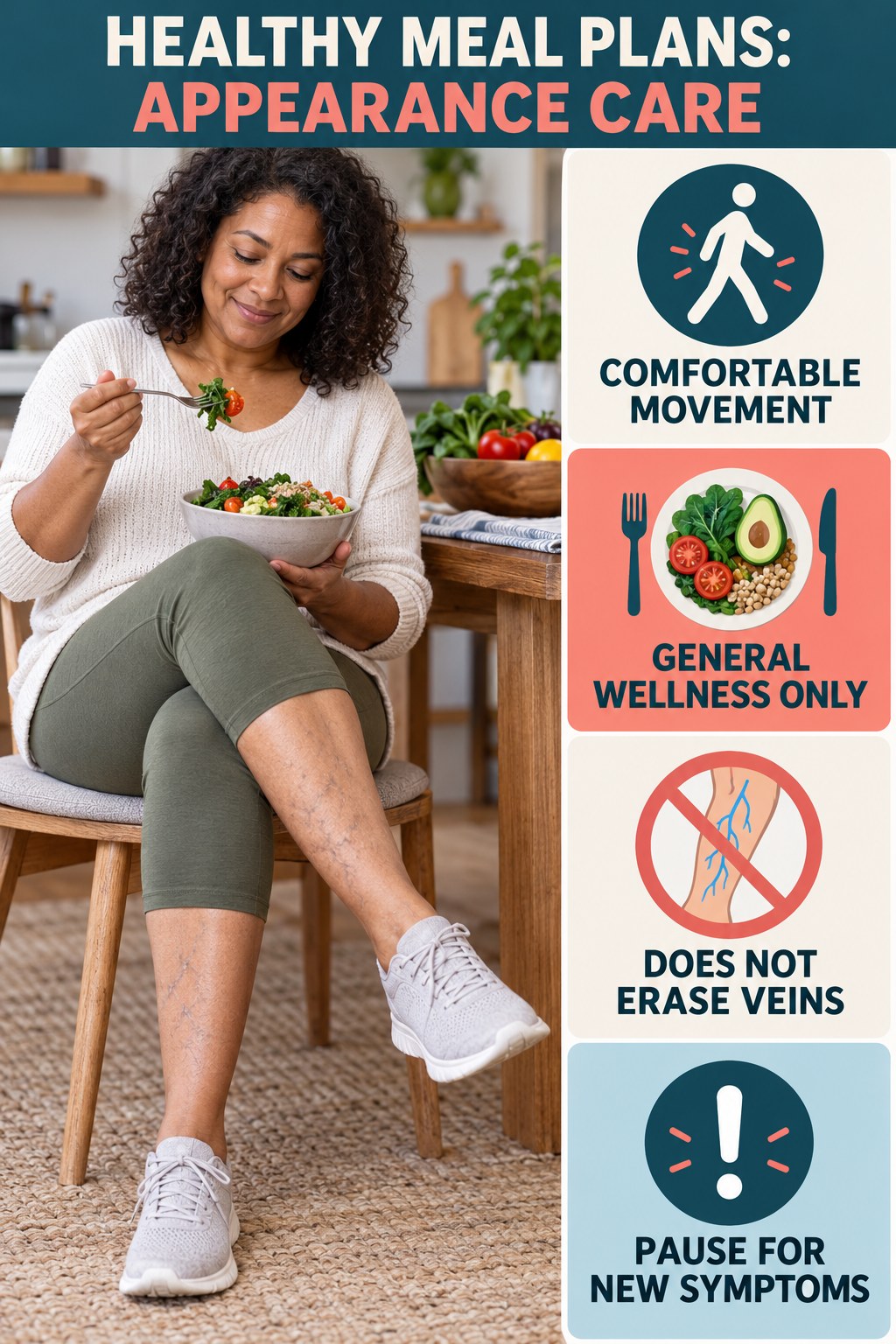 Comfortable Movement infographic for Healthy Meal Plans, showing body-neutral visible-leg-vein appearance care and the boundary between temporary cosmetic support and treatment.