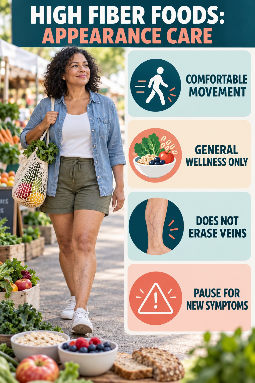 Comfortable Movement infographic for High Fiber Foods, showing body-neutral visible-leg-vein appearance care and the boundary between temporary cosmetic support and treatment.