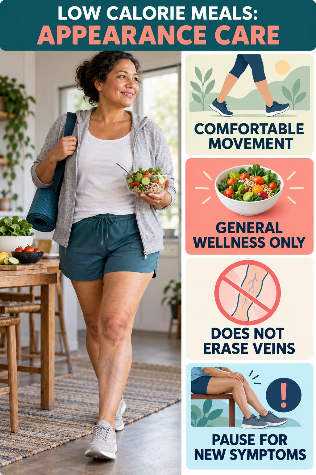 Comfortable Movement infographic for Low Calorie Meals, showing body-neutral visible-leg-vein appearance care and the boundary between temporary cosmetic support and treatment.