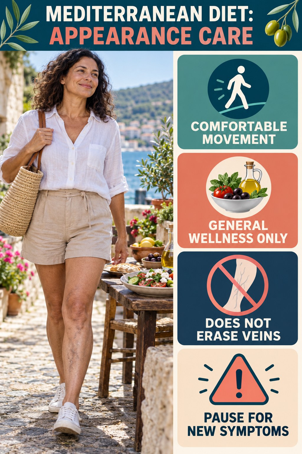 Comfortable Movement infographic for Mediterranean Diet, showing body-neutral visible-leg-vein appearance care and the boundary between temporary cosmetic support and treatment.
