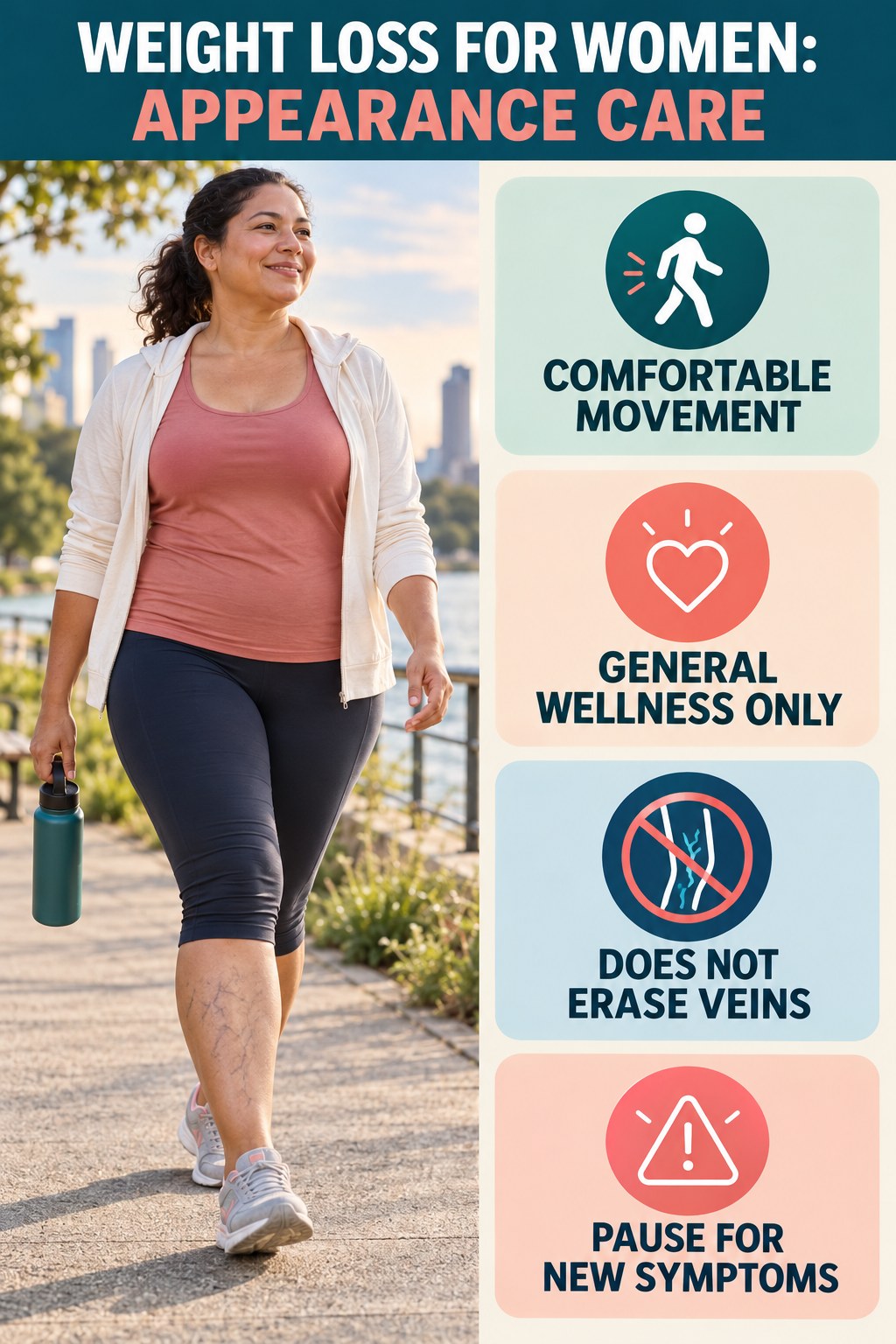 Comfortable Movement infographic for Weight Loss for Women, showing body-neutral visible-leg-vein appearance care and the boundary between temporary cosmetic support and treatment.