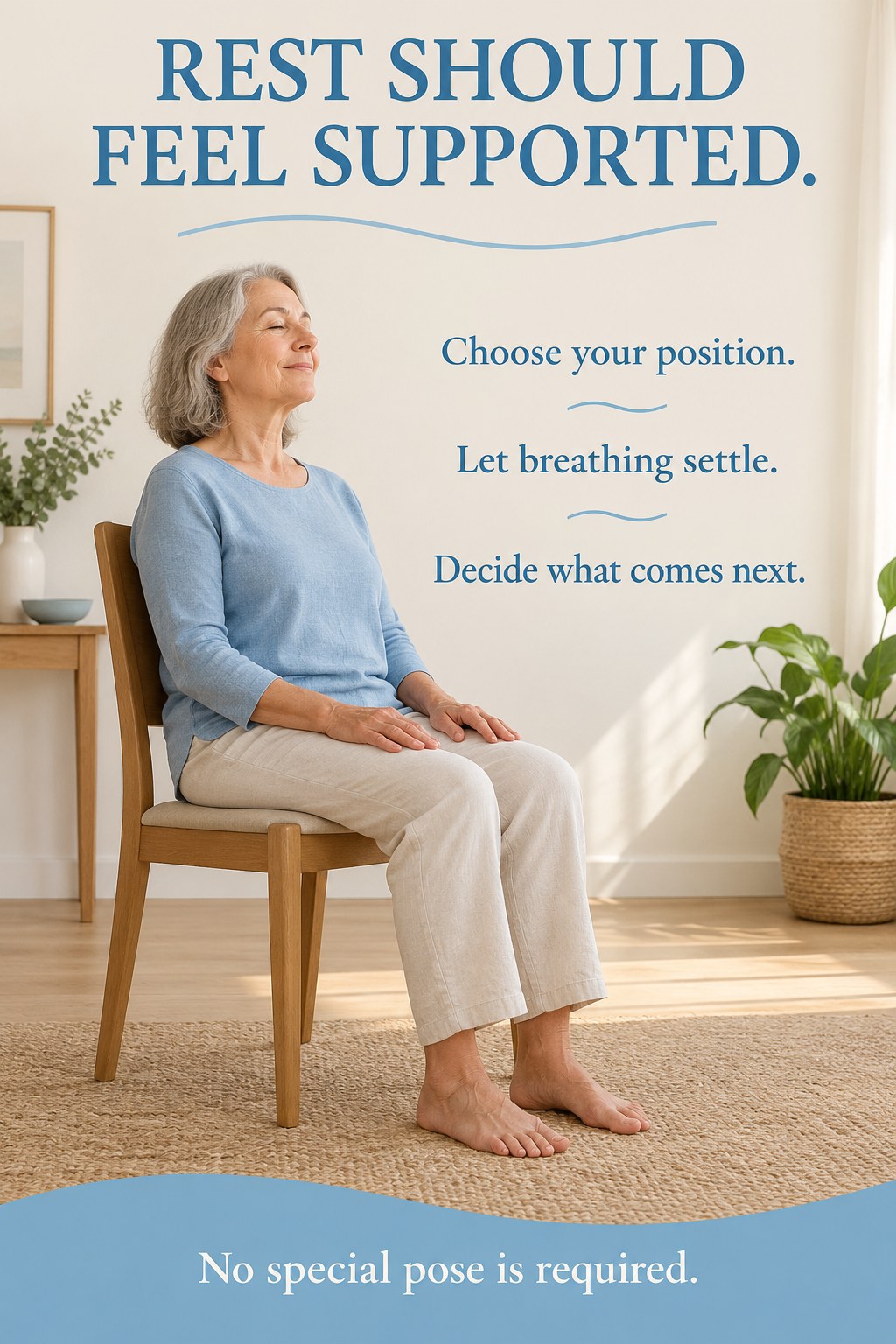 Adult resting comfortably in a normal chair beside a Pilates mat with feet supported.