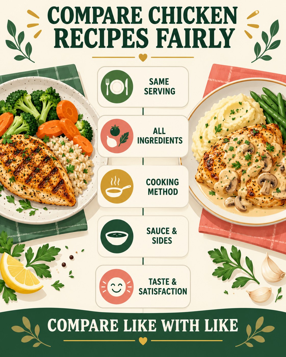 Side-by-side chicken recipe infographic with a checklist for serving, ingredients, cooking method, sauces and satisfaction