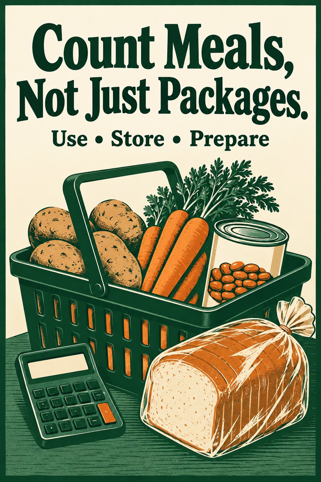 Illustrated grocery basket with beans, potatoes, carrots, and a simple calculator.