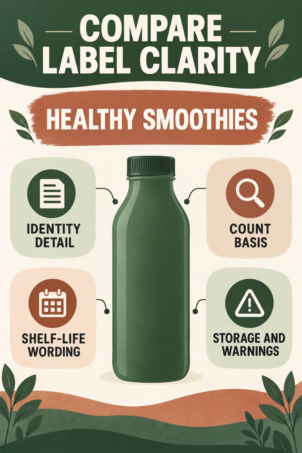 Compare Label Transparency Without Ranking Treatment Value infographic for Healthy Smoothies with four concise probiotic-label reading points.