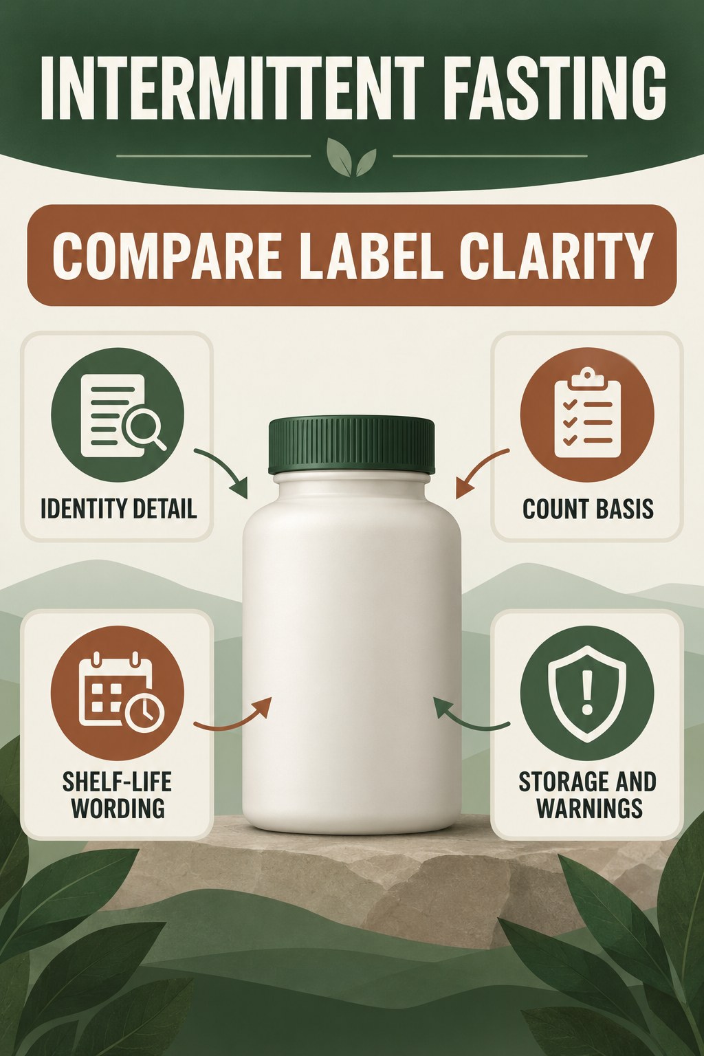 Compare Label Transparency Without Ranking Treatment Value infographic for Intermittent Fasting with four concise probiotic-label reading points.