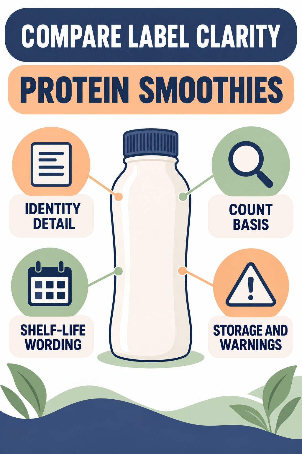 Compare Label Transparency Without Ranking Treatment Value infographic for Protein Smoothies with four concise probiotic-label reading points.