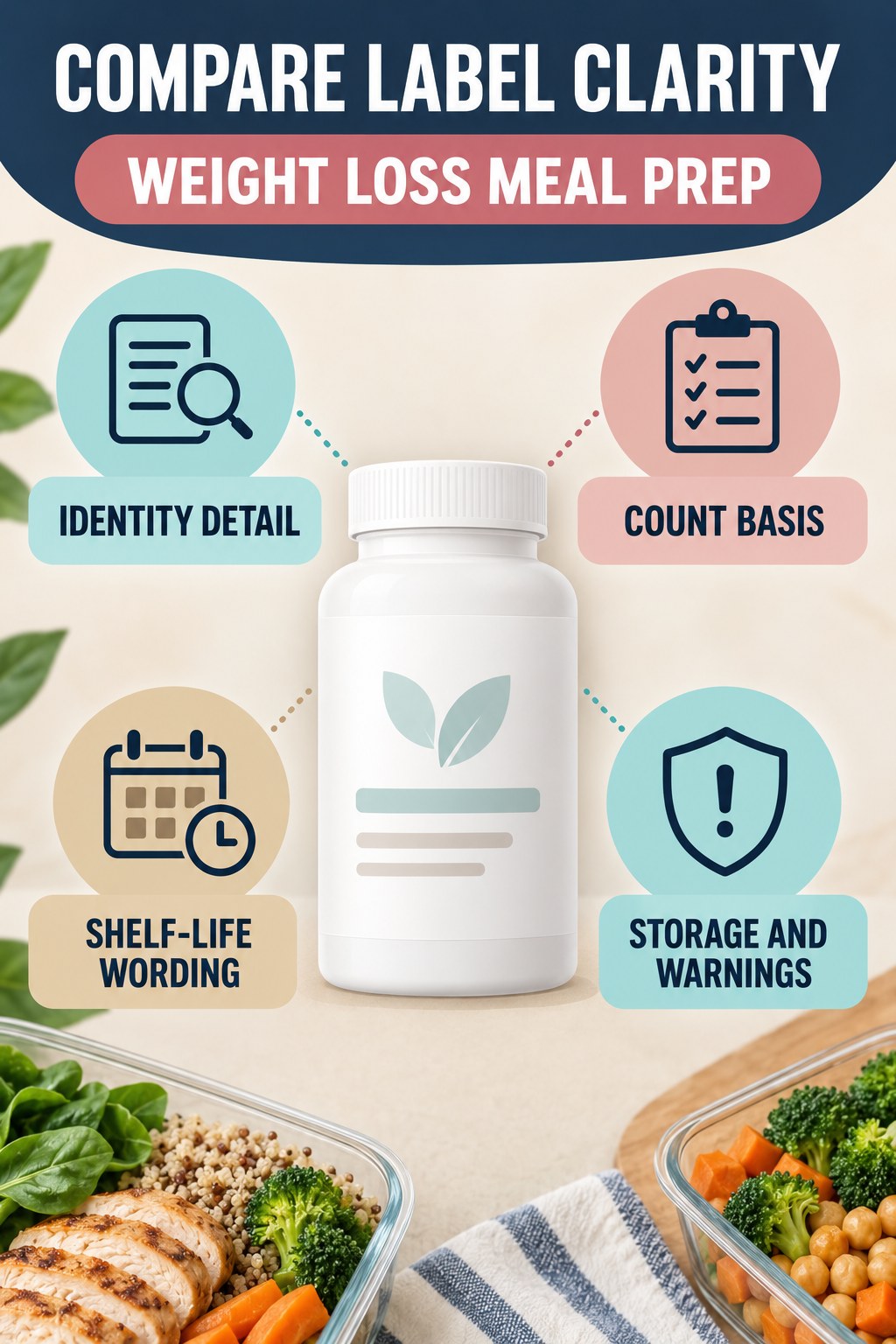 Compare Label Transparency Without Ranking Treatment Value infographic for Weight Loss Meal Prep with four concise probiotic-label reading points.
