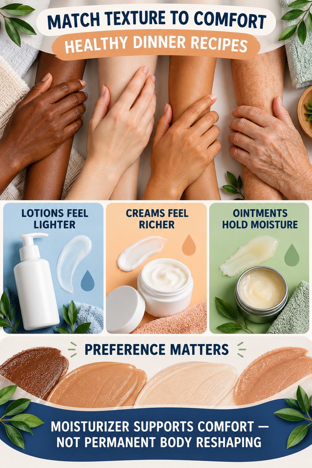 Compare Lotion Cream and Ointment Textures body-moisturization infographic for Healthy Dinner Recipes with four body-neutral comfort actions.