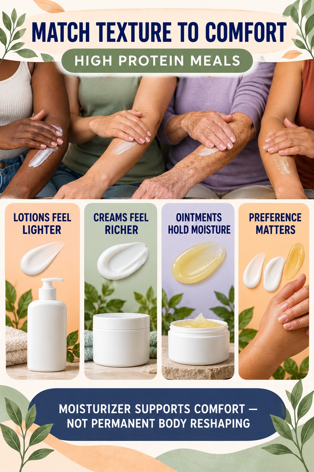 Compare Lotion Cream and Ointment Textures body-moisturization infographic for High Protein Meals with four body-neutral comfort actions.
