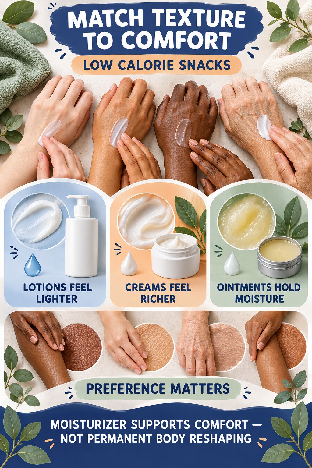 Compare Lotion Cream and Ointment Textures body-moisturization infographic for Low Calorie Snacks with four body-neutral comfort actions.