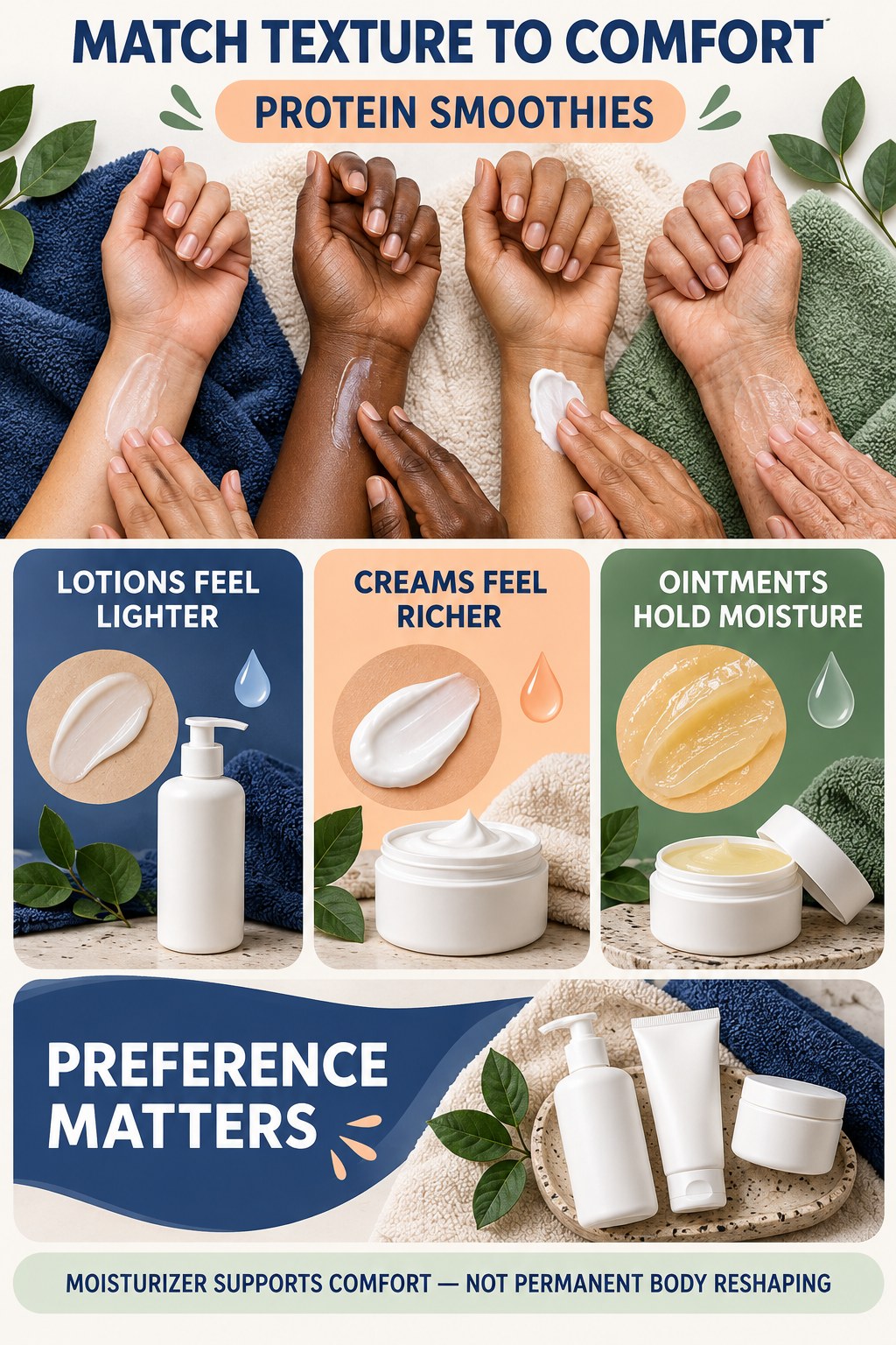 Compare Lotion Cream and Ointment Textures body-moisturization infographic for Protein Smoothies with four body-neutral comfort actions.