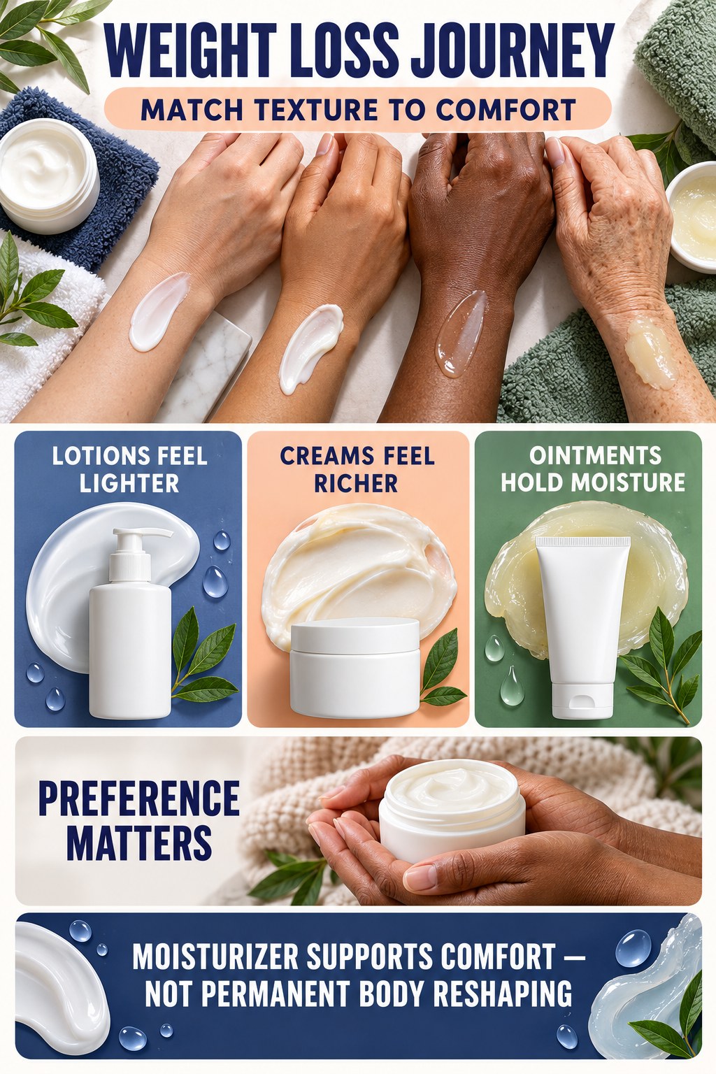 Compare Lotion Cream and Ointment Textures body-moisturization infographic for Weight Loss Journey with four body-neutral comfort actions.