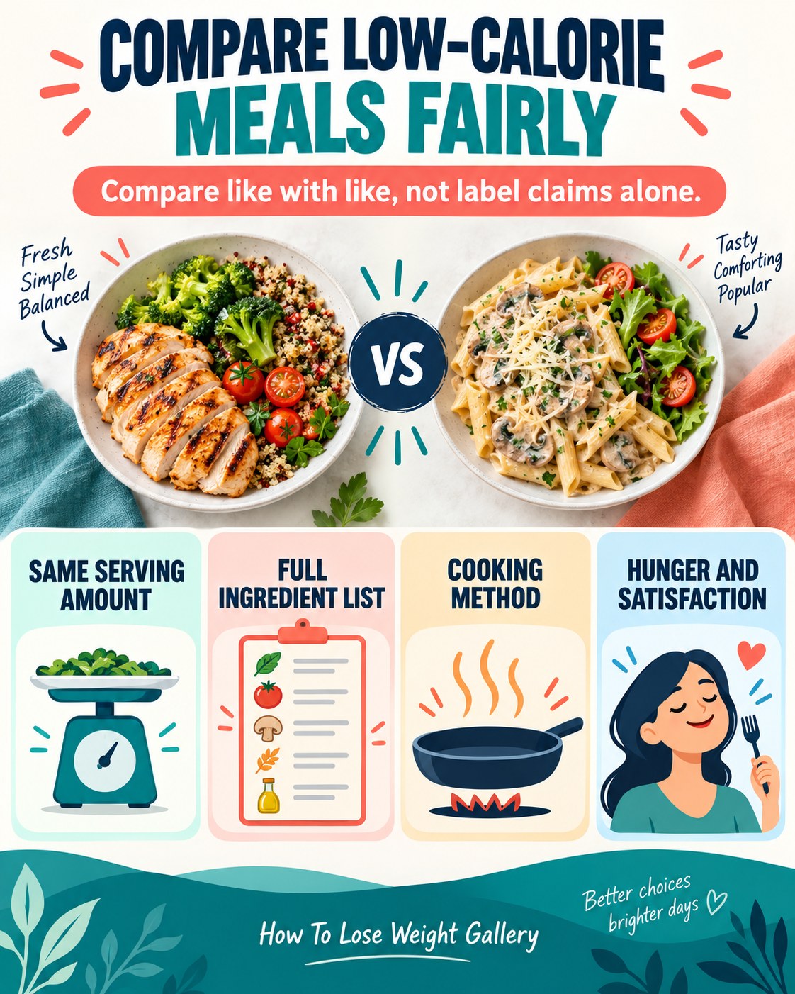 Side-by-side low-calorie meal comparison infographic with serving amount, ingredients, cooking method, hunger and satisfaction