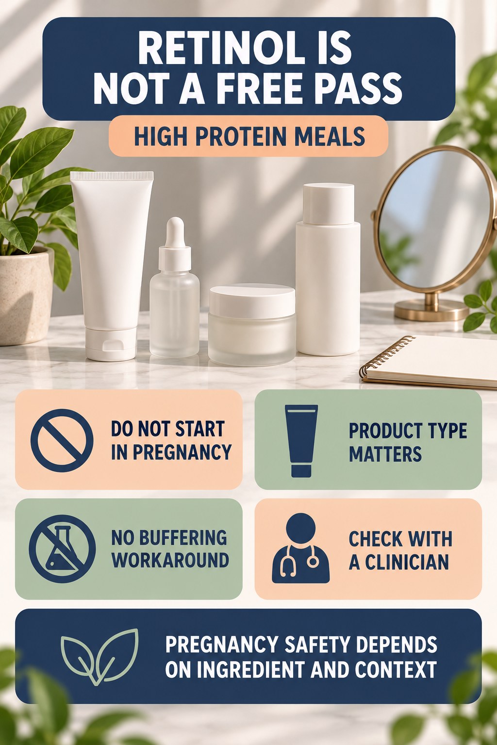 Compare Retinol With Prescription Retinoids pregnancy skincare ingredient-question infographic for High Protein Meals with four careful label-review points.