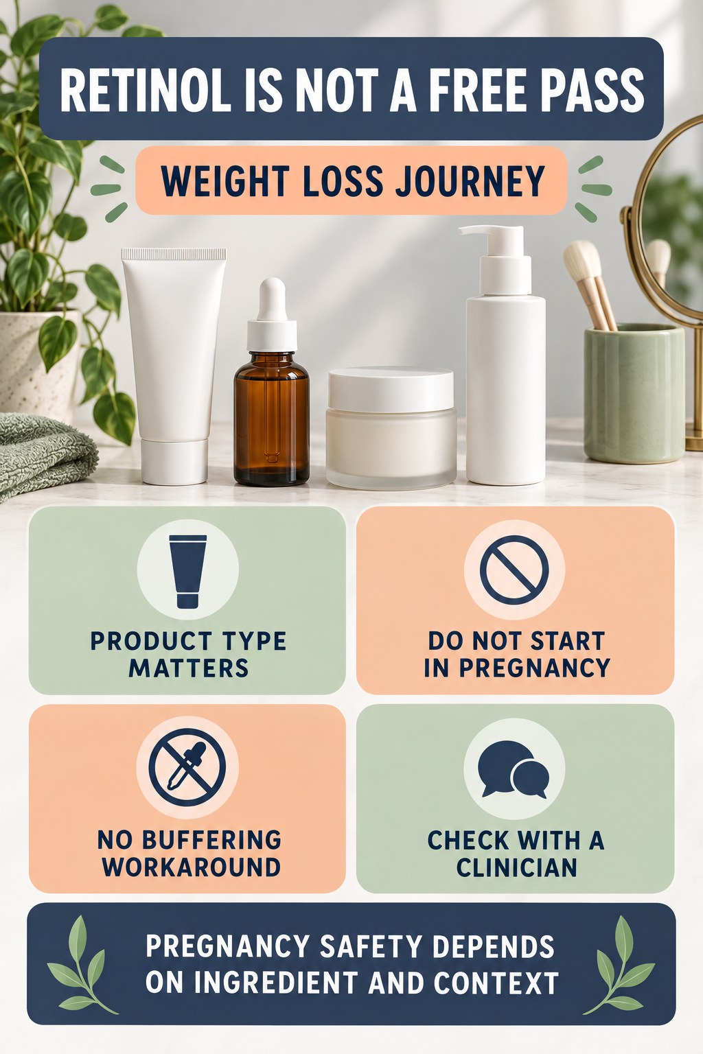 Compare Retinol With Prescription Retinoids pregnancy skincare ingredient-question infographic for Weight Loss Journey with four careful label-review points.