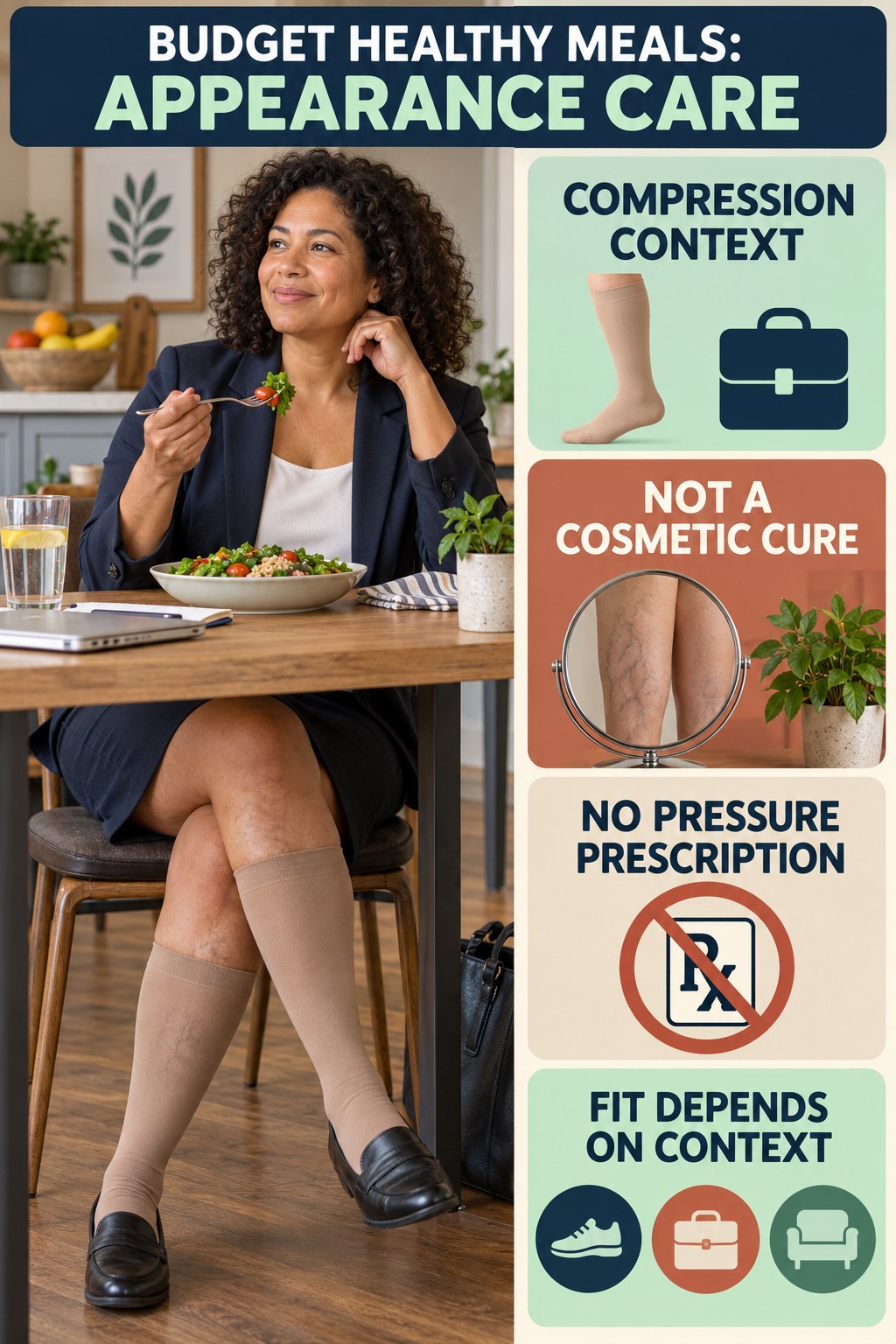 Compression Reality Check infographic for Budget Healthy Meals, showing body-neutral visible-leg-vein appearance care and the boundary between temporary cosmetic support and treatment.