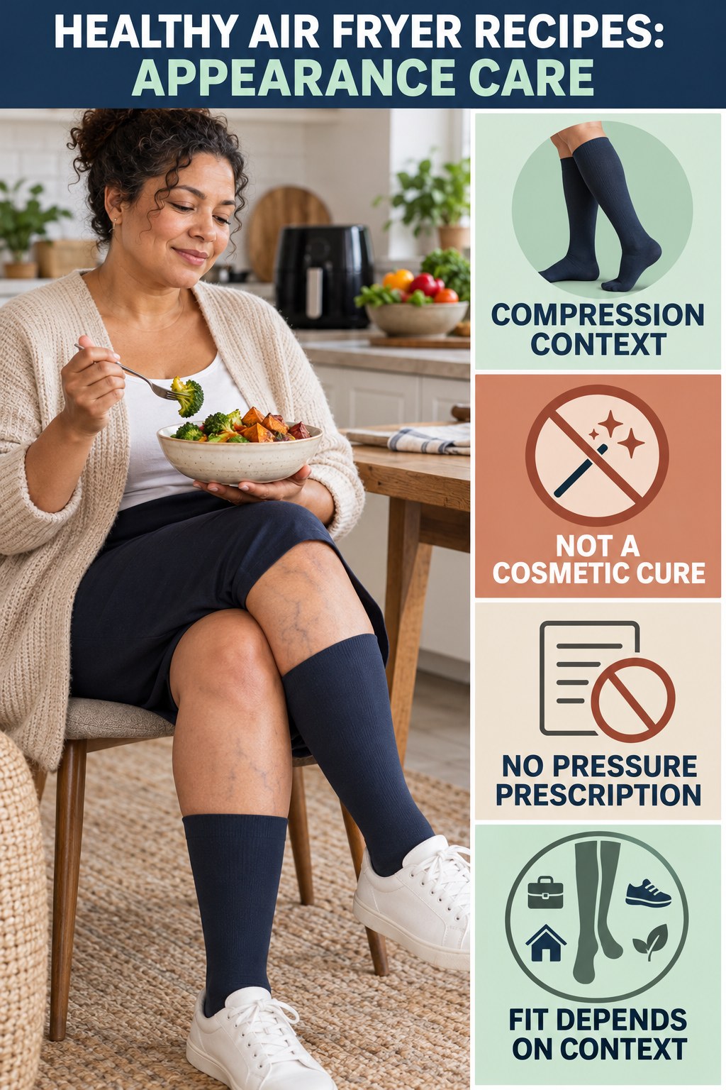 Compression Reality Check infographic for Healthy Air Fryer Recipes, showing body-neutral visible-leg-vein appearance care and the boundary between temporary cosmetic support and treatment.