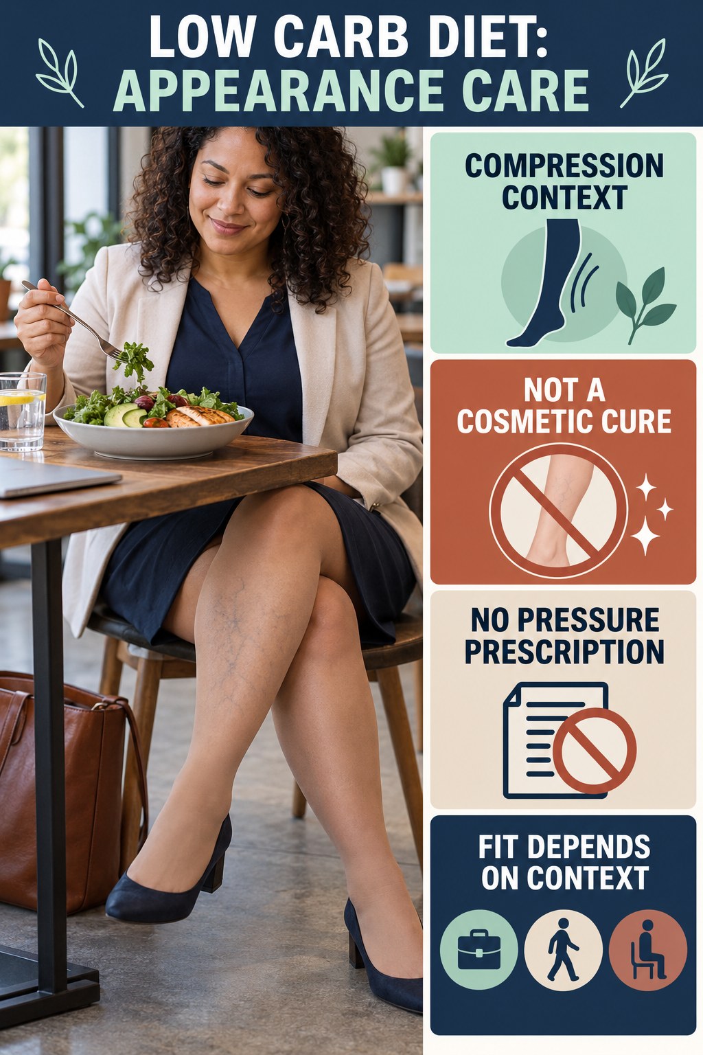 Compression Reality Check infographic for Low Carb Diet, showing body-neutral visible-leg-vein appearance care and the boundary between temporary cosmetic support and treatment.