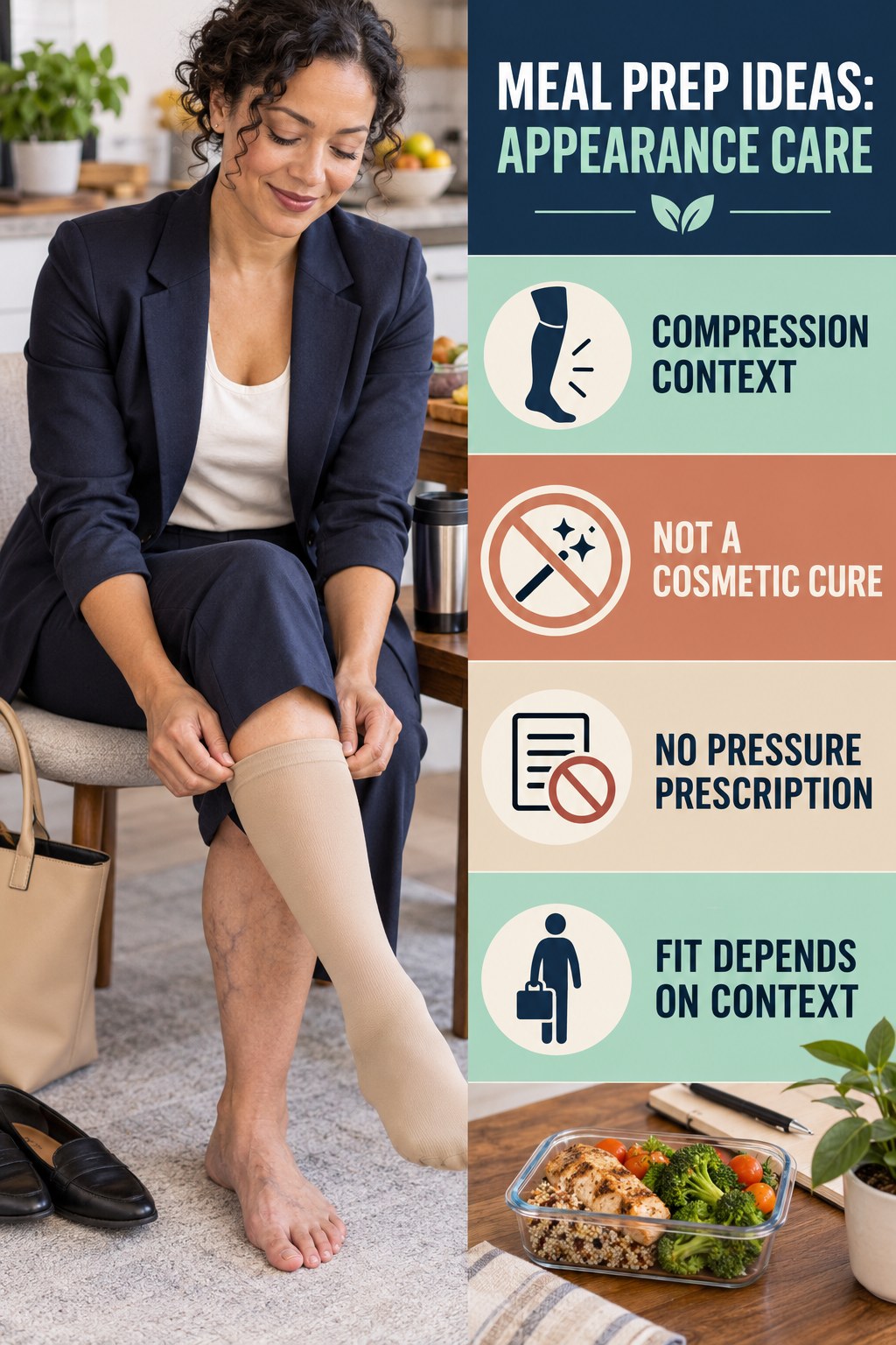 Compression Reality Check infographic for Meal Prep Ideas, showing body-neutral visible-leg-vein appearance care and the boundary between temporary cosmetic support and treatment.