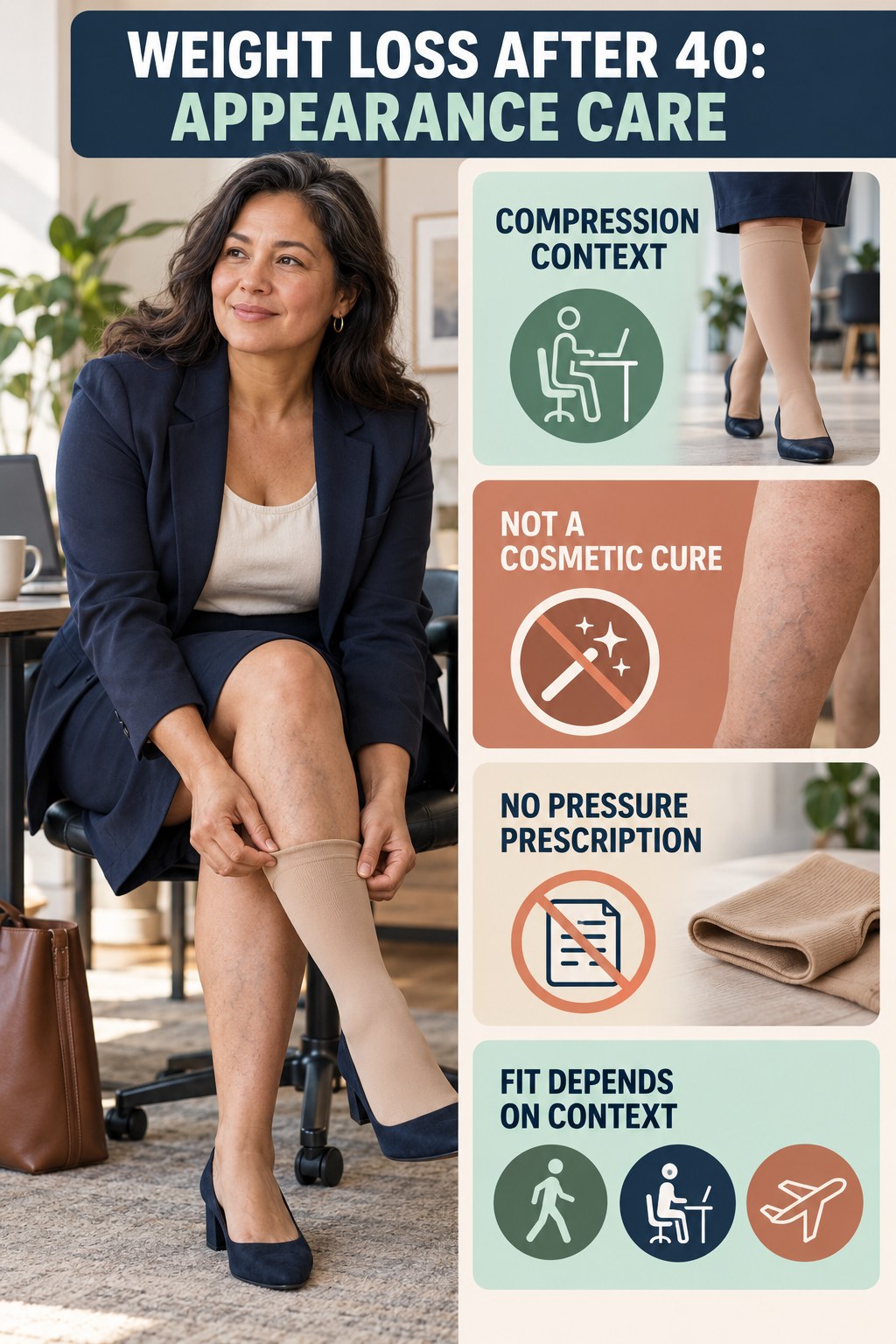 Compression Reality Check infographic for Weight Loss After 40, showing body-neutral visible-leg-vein appearance care and the boundary between temporary cosmetic support and treatment.