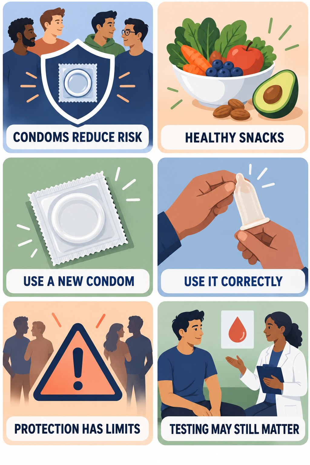 Condoms Reduce Risk Without Promising Zero Risk infographic for Healthy Snacks with four concise, non-shaming sexual-health education points.