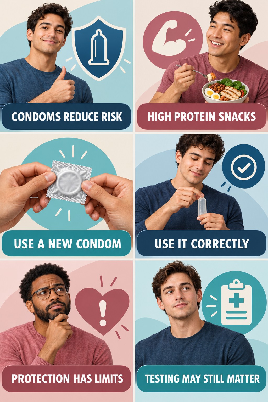 Condoms Reduce Risk Without Promising Zero Risk infographic for High Protein Snacks with four concise, non-shaming sexual-health education points.
