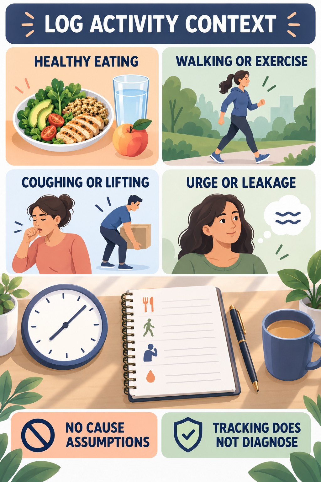 Connect Movement With Symptoms Carefully urinary symptom tracking infographic for Healthy Eating with four practical diary points and a non-diagnostic reminder.