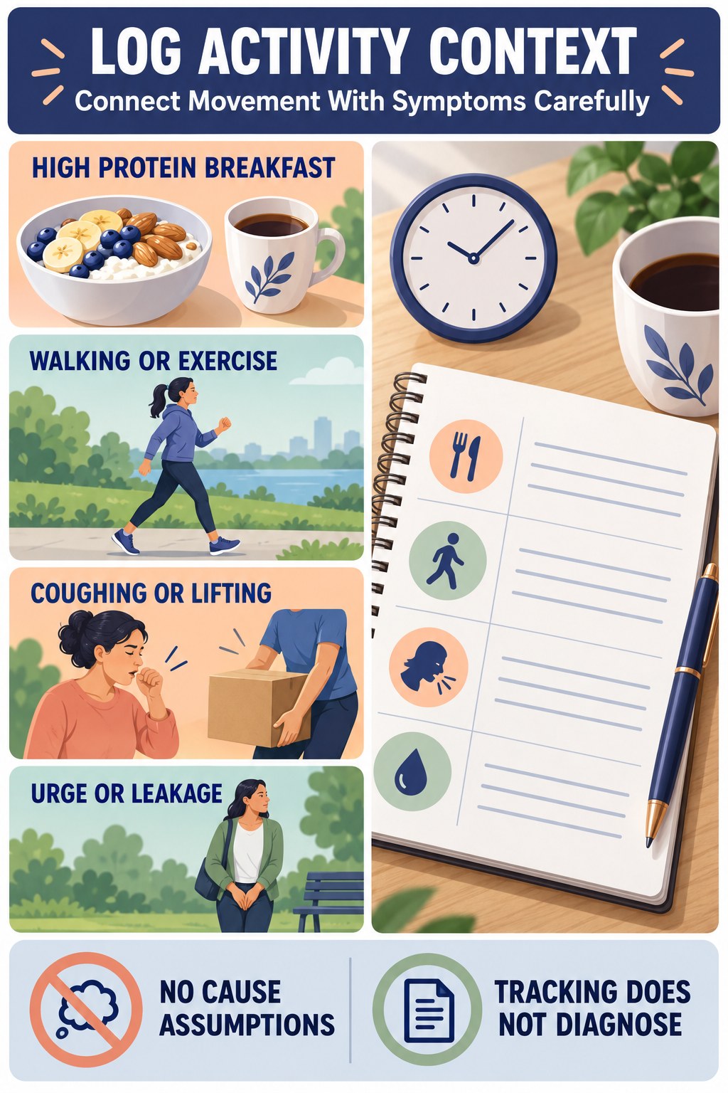 Connect Movement With Symptoms Carefully urinary symptom tracking infographic for High Protein Breakfast with four practical diary points and a non-diagnostic reminder.