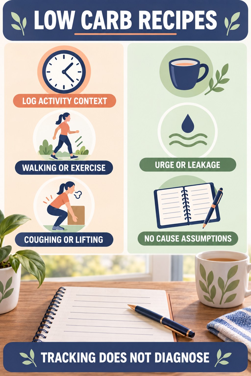 Connect Movement With Symptoms Carefully urinary symptom tracking infographic for Low Carb Recipes with four practical diary points and a non-diagnostic reminder.