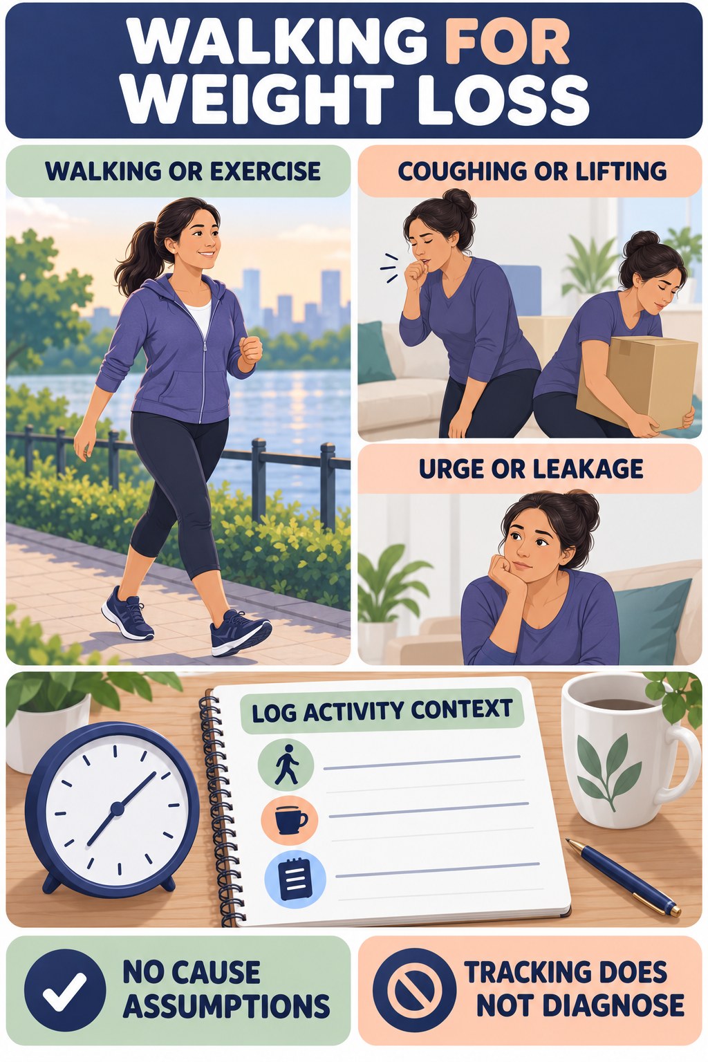 Connect Movement With Symptoms Carefully urinary symptom tracking infographic for Walking for Weight Loss with four practical diary points and a non-diagnostic reminder.