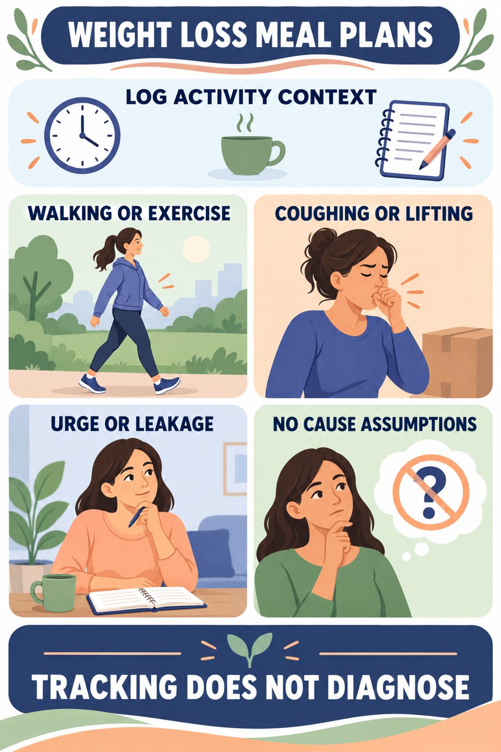 Connect Movement With Symptoms Carefully urinary symptom tracking infographic for Weight Loss Meal Plans with four practical diary points and a non-diagnostic reminder.