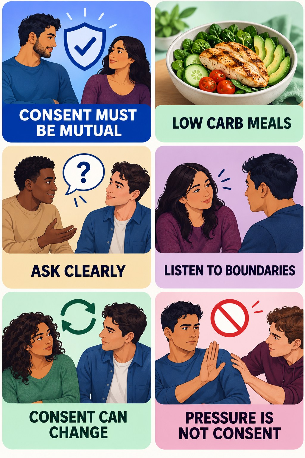 Consent Is Part of Sexual Wellness infographic for Low Carb Meals with four concise, non-shaming sexual-health education points.