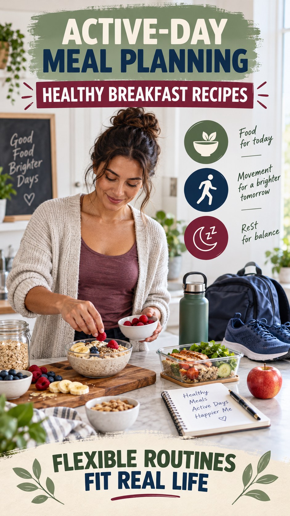 Active-Day Meal Planning infographic for Healthy Breakfast Recipes, showing practical metabolism-support habits for an active lifestyle.