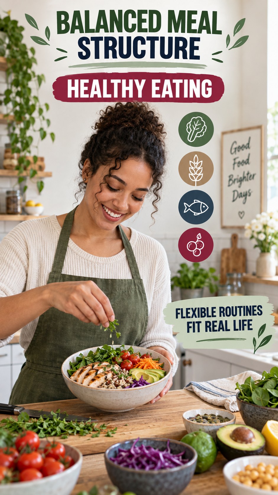 Balanced Meal Structure infographic for Healthy Eating, showing practical metabolism-support habits for an active lifestyle.